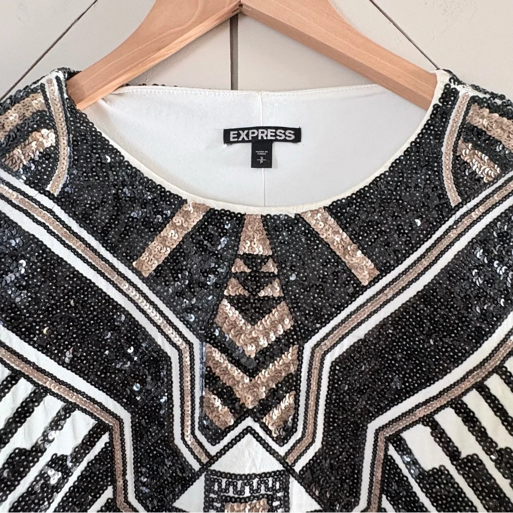 Express Art Deco Sequin Mini Dress Black Gold Silver Geometric Party Dress Small - Picture 3 of 7